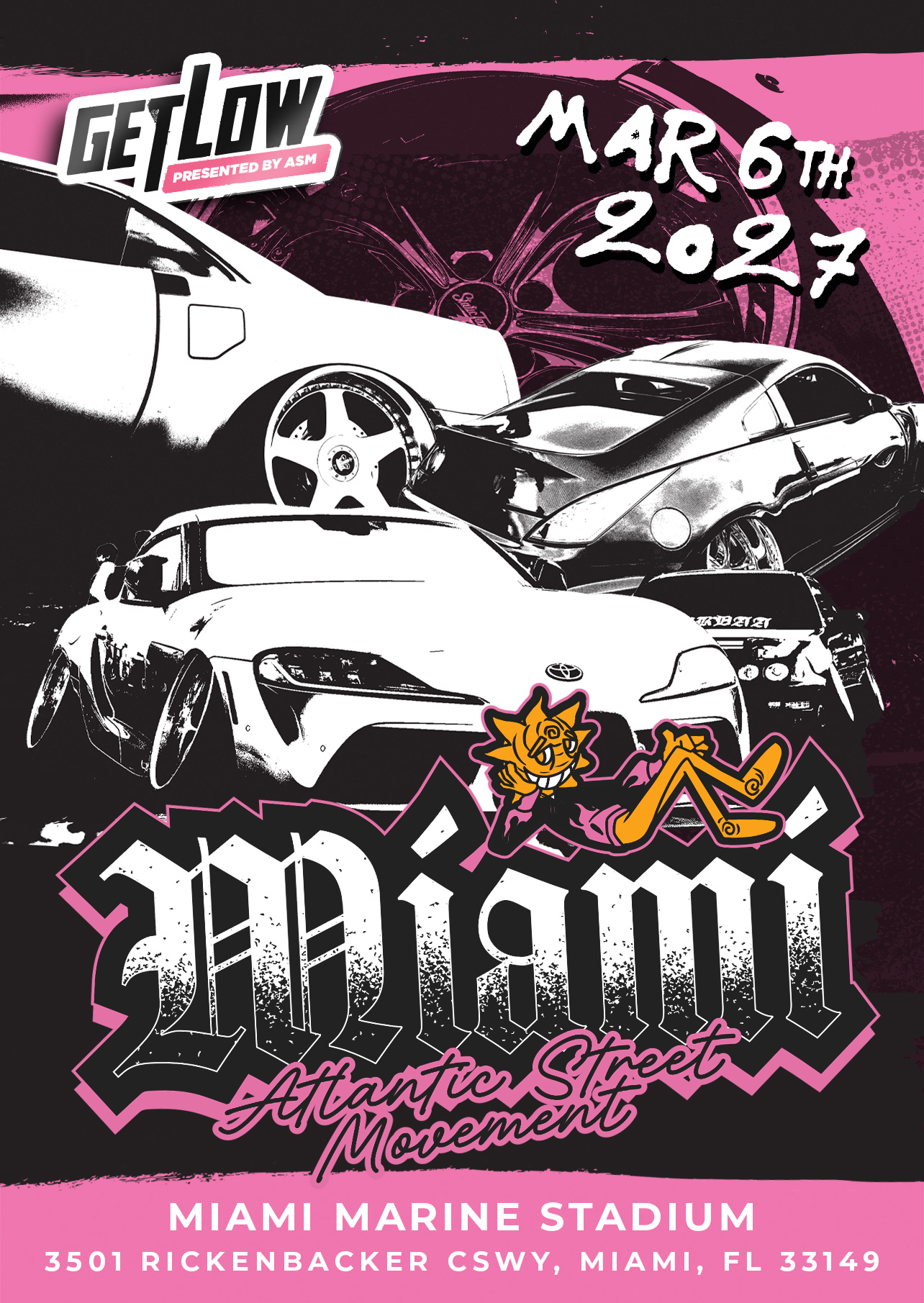 Original Get Low Miami 2027 flyer presented by Atlantic Street Movement, March 6th 2027 at Miami Marine Stadium